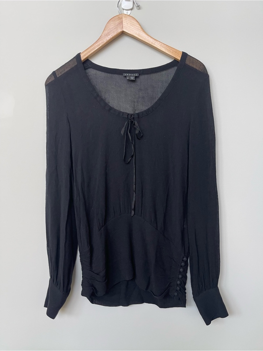 Theory | Black Viscose Wool Blouse Sheer Ruching Thin Front Tie Button Details